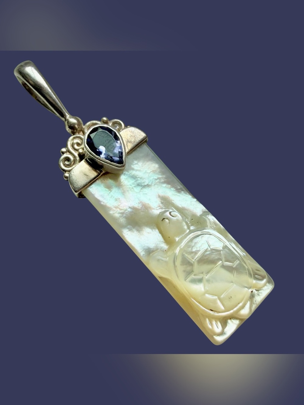 SAJEN Sterling Silver Hand Carved Mother Of Pearl Turtle Iolite Pendant Bali